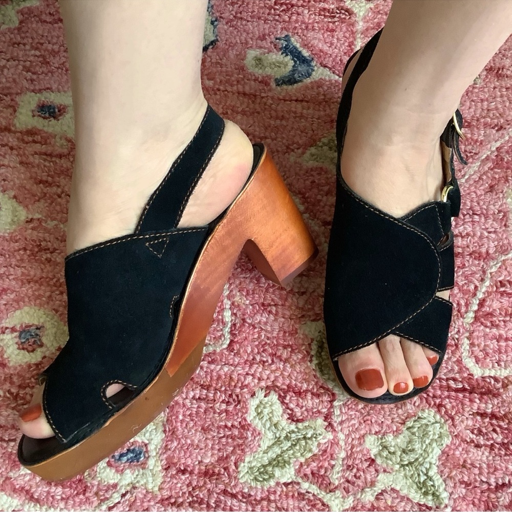 New Y2K Latigo Women’s Wood Platform Heel Sandals Sz 7.5 Black Suede Leather VTG